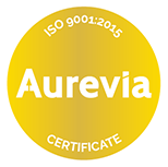Laatusertifikaatin ISO 9001 englanninkielinen logo. Sertifikaatin käyttöoikeuden on myöntänyt Aurevia. Logossa on keltaisen ympyrän sisällä tekstiä, jossa lukee Aurevian nimi ja sertifikaatin nimi englanniksi.
