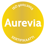 Laatusertifikaatin ISO 9001 logo. Sertifikaatin käyttöoikeuden on myöntänyt Aurevia. Logossa on keltaisen ympyrän sisällä tekstiä, jossa lukee Aurevian nimi ja sertifikaatin nimi.