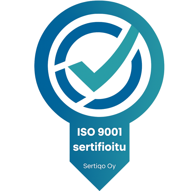 Laatusertifikaatin ISO 9001 logo. Sertifikaatin käyttöoikeuden on myöntänyt Sertiqo Oy. Logossa on sinivihreä kuvio, jossa lukee sertifikaatin nimi ja pienemmällä Sertiqon nimi.