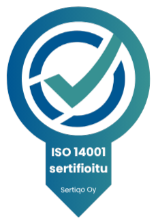 Laatusertifikaatin ISO 14001 logo. Sertifikaatin käyttöoikeuden on myöntänyt Sertiqo Oy. Logossa on sinivihreä kuvio, jossa lukee sertifikaatin nimi ja pienemmällä Sertiqon nimi.